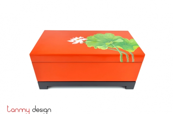 Orange rectangle lacquer box hand-painted with lotus included with stand 18x35 cm